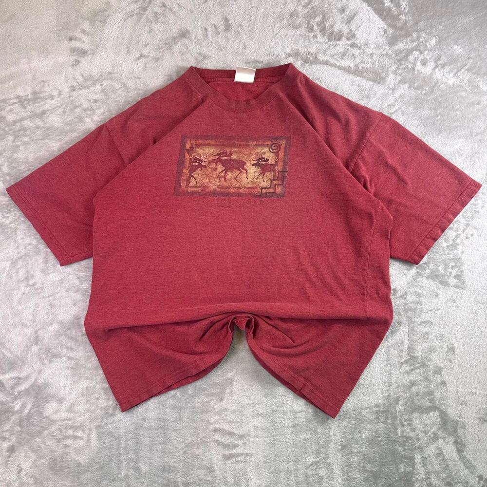 Vtg Y2K Eco Mountain Yellow Stone Graphic T Shirt Mens Red Nature Deer Outdoor